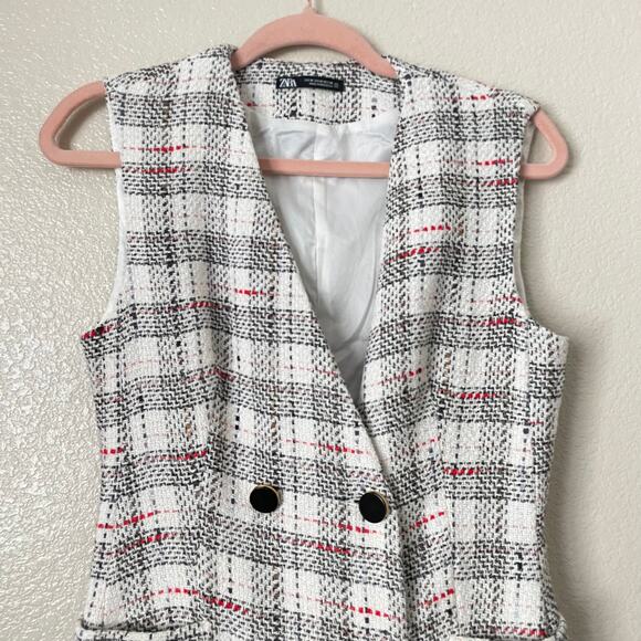 Zara Dress Womens Medium White Plaid Tweed Metallic Mini Sheath Preppy Academia - Picture 5 of 12